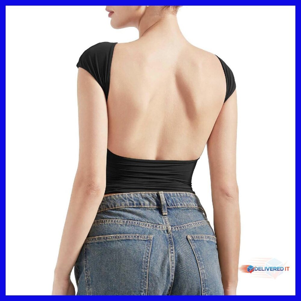 Double Lined Backless Crop Top Y2K Basic Tee Slim… - image 1
